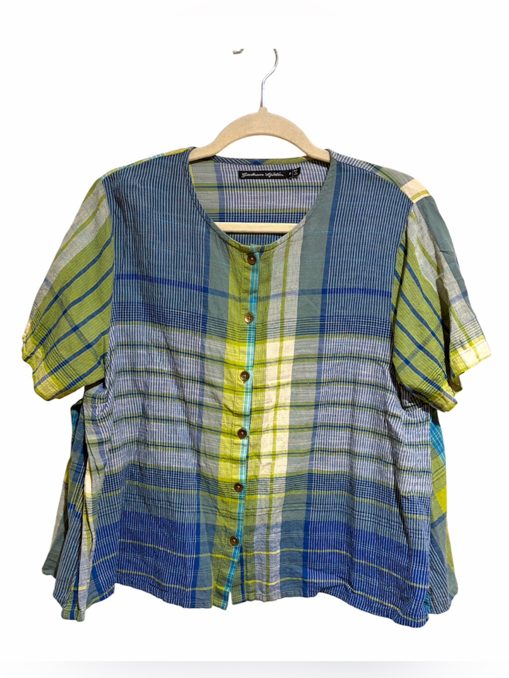 Gudrun Sjoden Green Blue Plaid Button Down Short Sleeve Top Side Panel Lagenlook